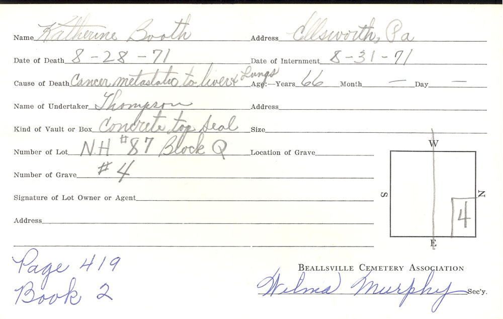 Katherine Booth burial card